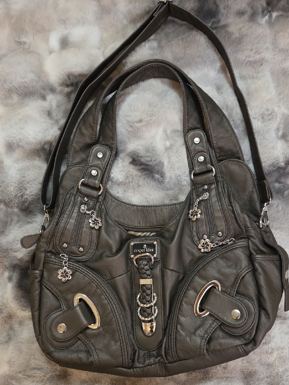 Angel Kiss Grey Shoulder Bag with Silver Accents